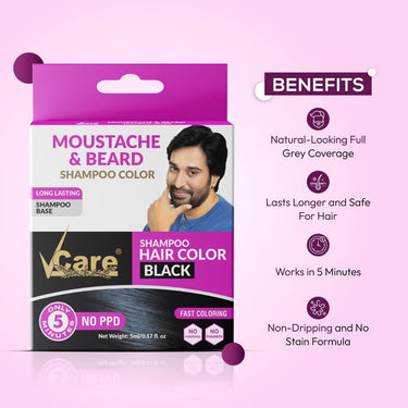 VCare Moustache and Beard color shampoo for Men Black, Natural Hair Color Dye Conditioner | No Ammonia No Paraben No PPD - 5 ml (Pack Of 10)